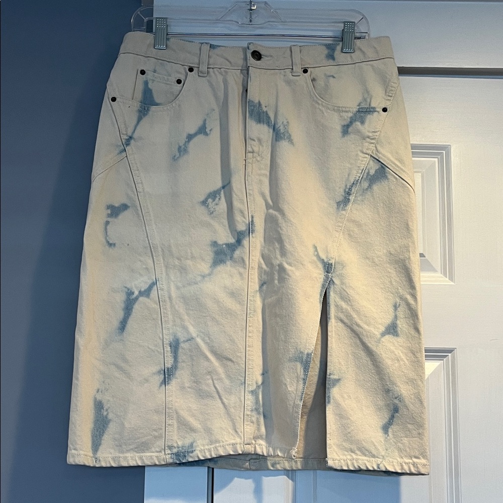 Cream Midi Skirt with Soft Blue Tie-Dye and Front Slit